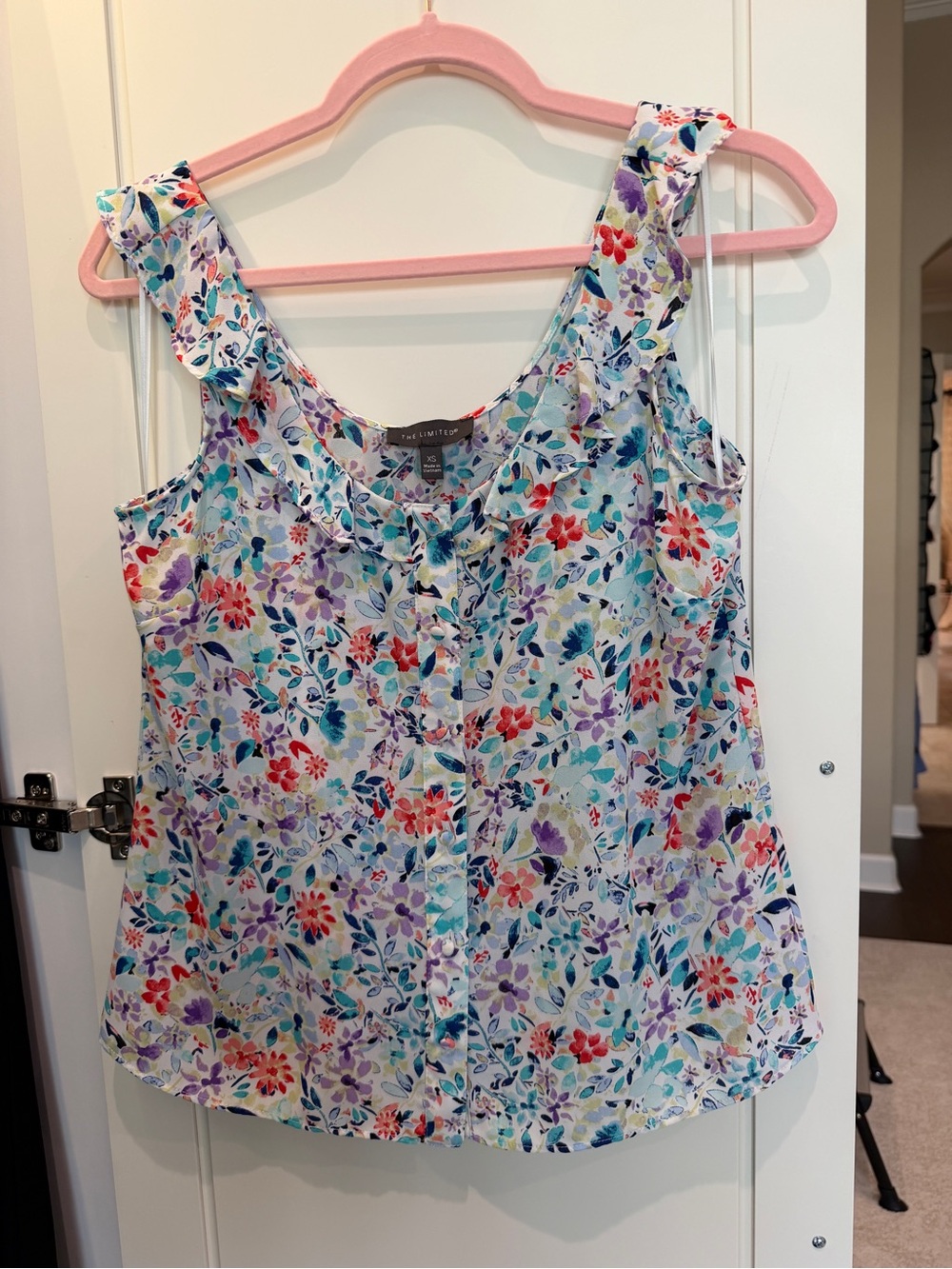 The Limited White Multi Floral Ruffle Tank